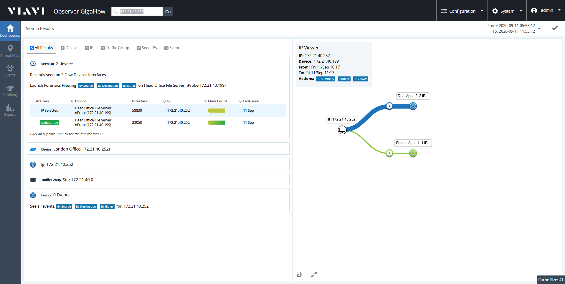 Searching for an IP address using GigaFlow Search.