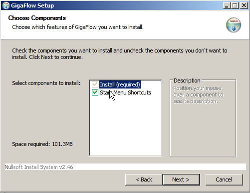 GigaFlow installation components screen.