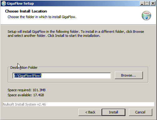 GigaFlow installation location screen.