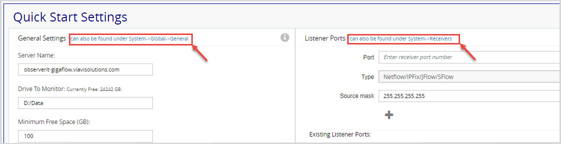 GigaFlow Quick Start Setting links.