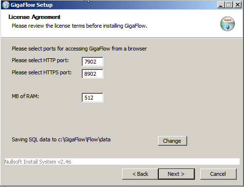 GigaFlow installation settings screen.